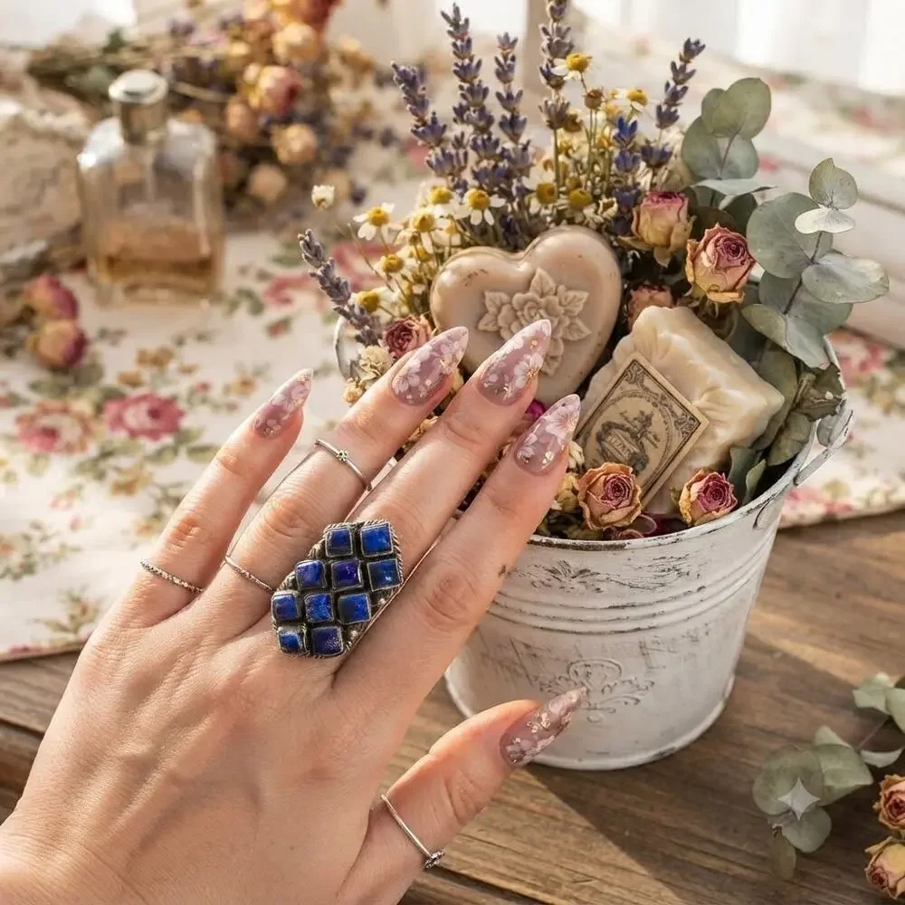 Lapis Lazuli Cluster Statement Sterling Silver Ring Size 7 BOHO